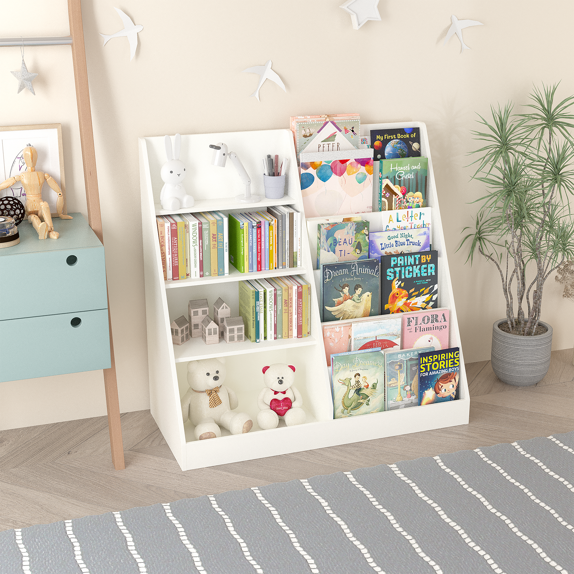 Bunny 35" Low Bookshelf with Display Shelves and Storage