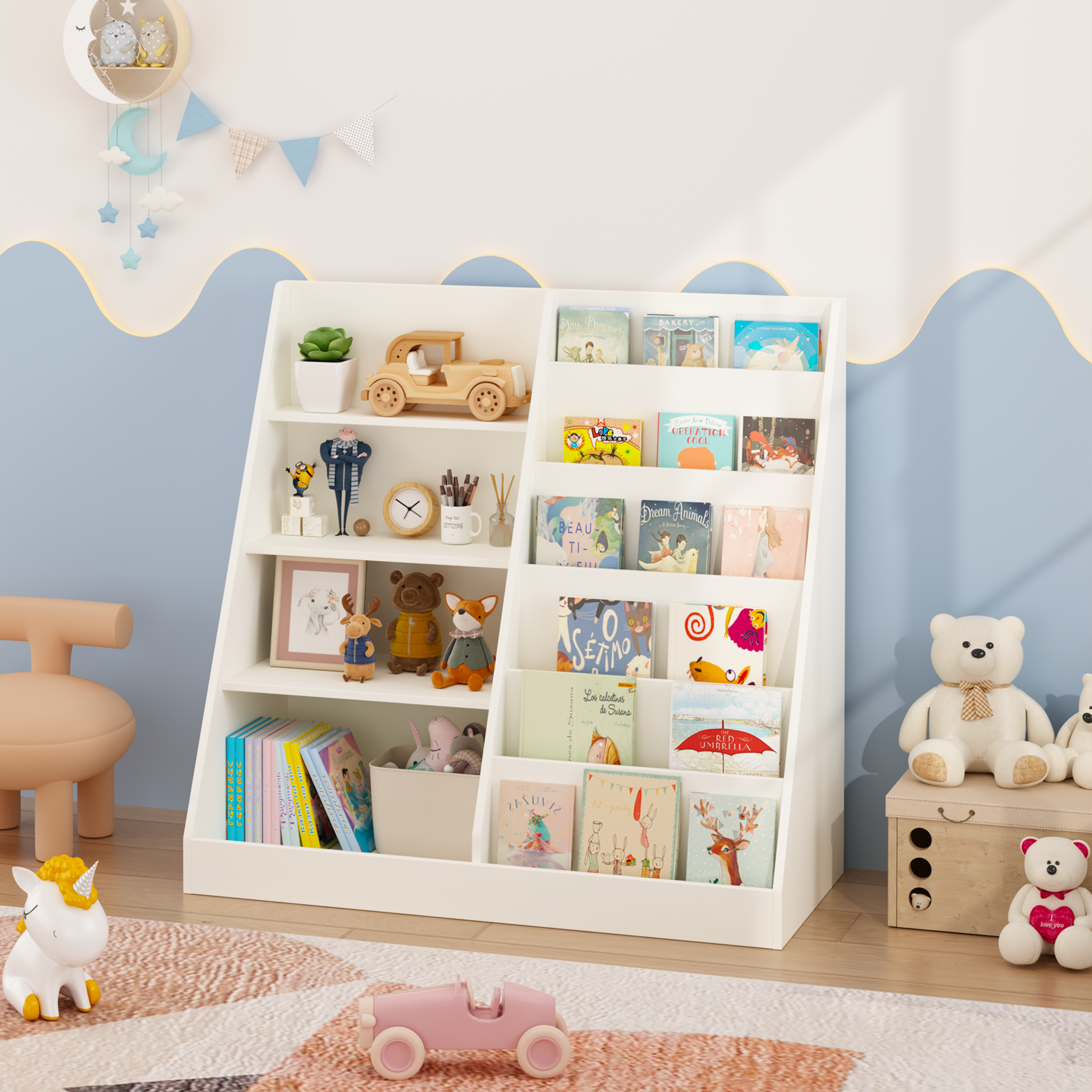 Bunny 35" Low Bookshelf with Display Shelves and Storage