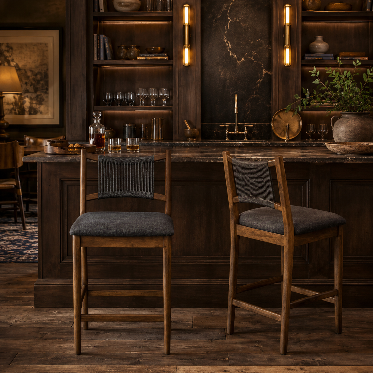 Burgundy 25" Rope Back Wooden Upholstered Counter Height Stools Set of 2