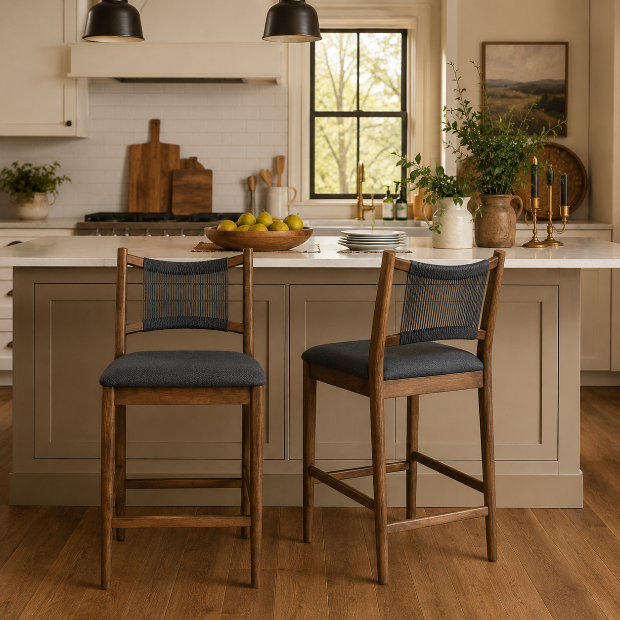 Burgundy 25" Rope Back Wooden Upholstered Counter Height Stools Set of 2
