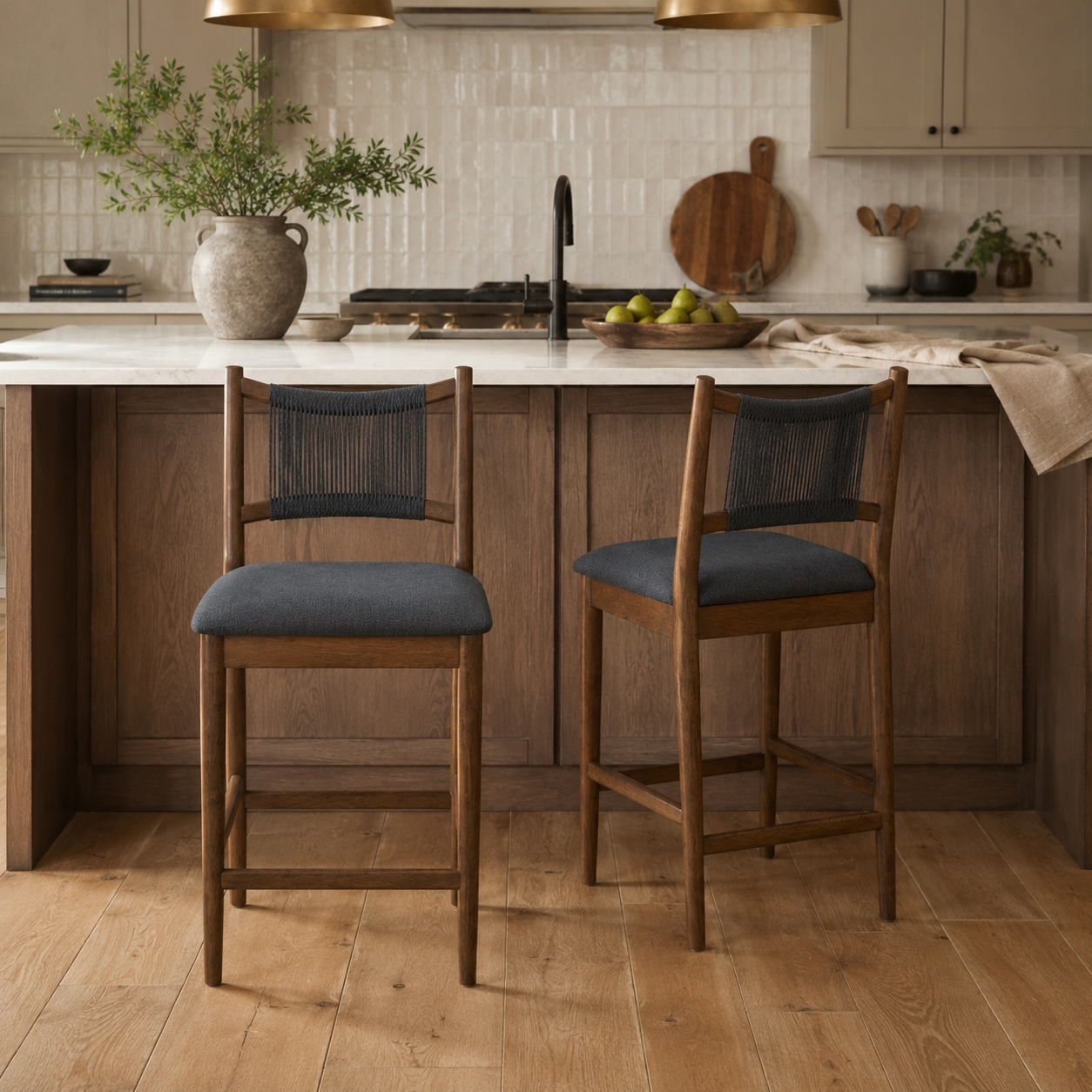 Burgundy 25" Rope Back Wooden Upholstered Counter Height Stools Set of 2