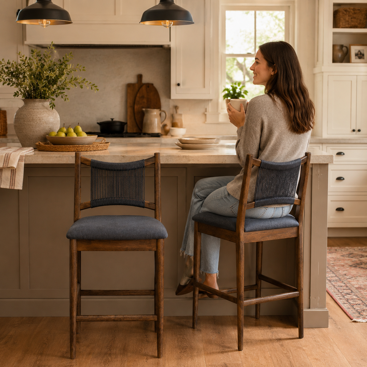 Burgundy 25" Rope Back Wooden Upholstered Counter Height Stools Set of 2