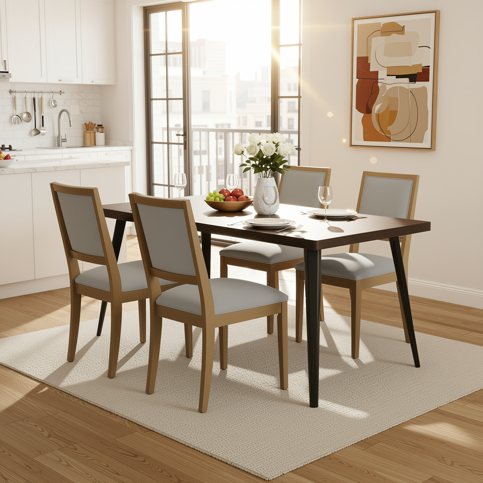 Homy Casa Stan 5PC Dining Set 63” Brown Table with 4 Siget Upholstered Solid Wood Chairs