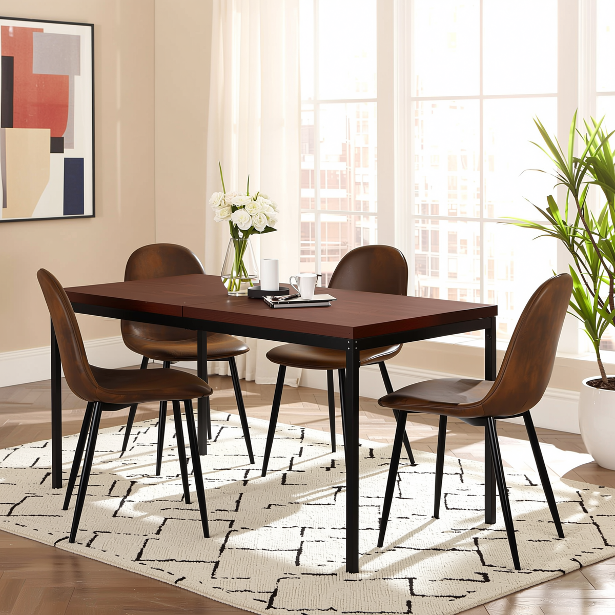 Homy Casa CAJON 7PC Dining Set 59” Dark Wood Table with 6 Charlton Brown Suede Chairs Open Box