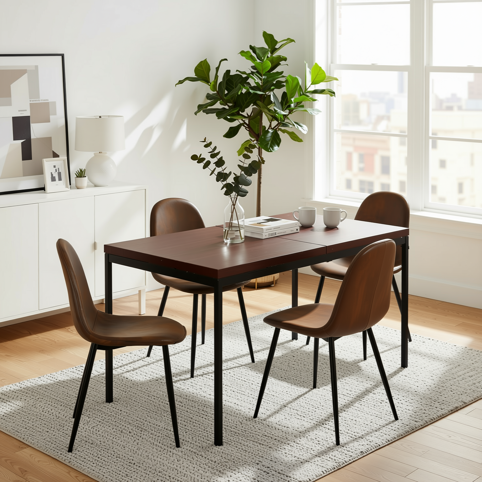 Homy Casa CAJON+CHARLTON 5PC Dining Set 59” Dark Wood Table with 4 Brown Suede Chairs – Modern Kitchen & Dining Furniture Set Open Box