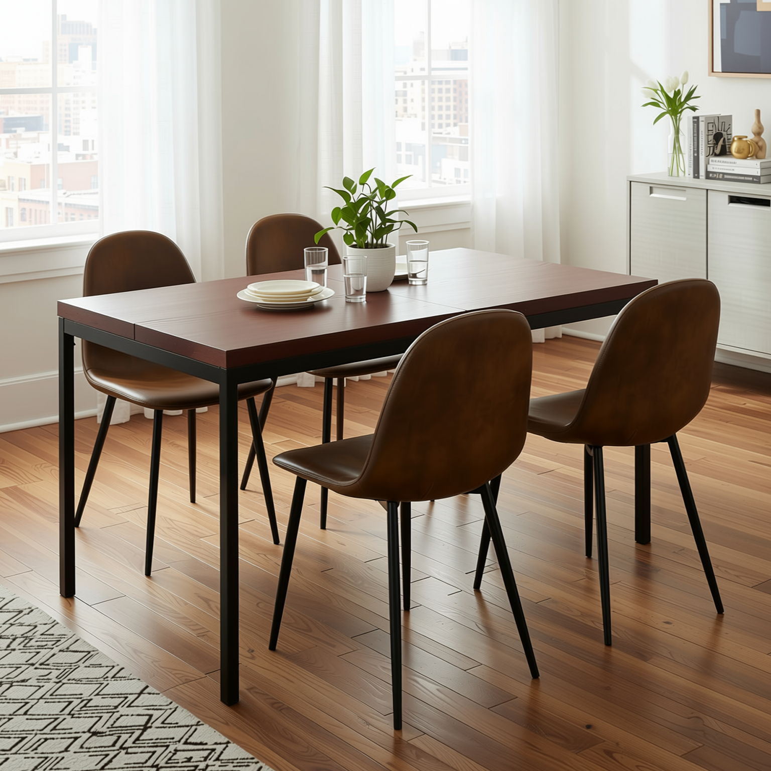 Homy Casa CAJON+CHARLTON 5PC Dining Set 59” Dark Wood Table with 4 Brown Suede Chairs – Modern Kitchen & Dining Furniture Set Open Box