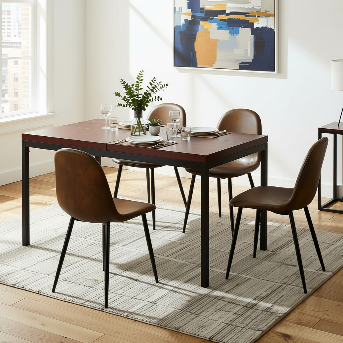 Homy Casa CAJON 7PC Dining Set 59” Dark Wood Table with 6 Charlton Brown Suede Chairs Open Box