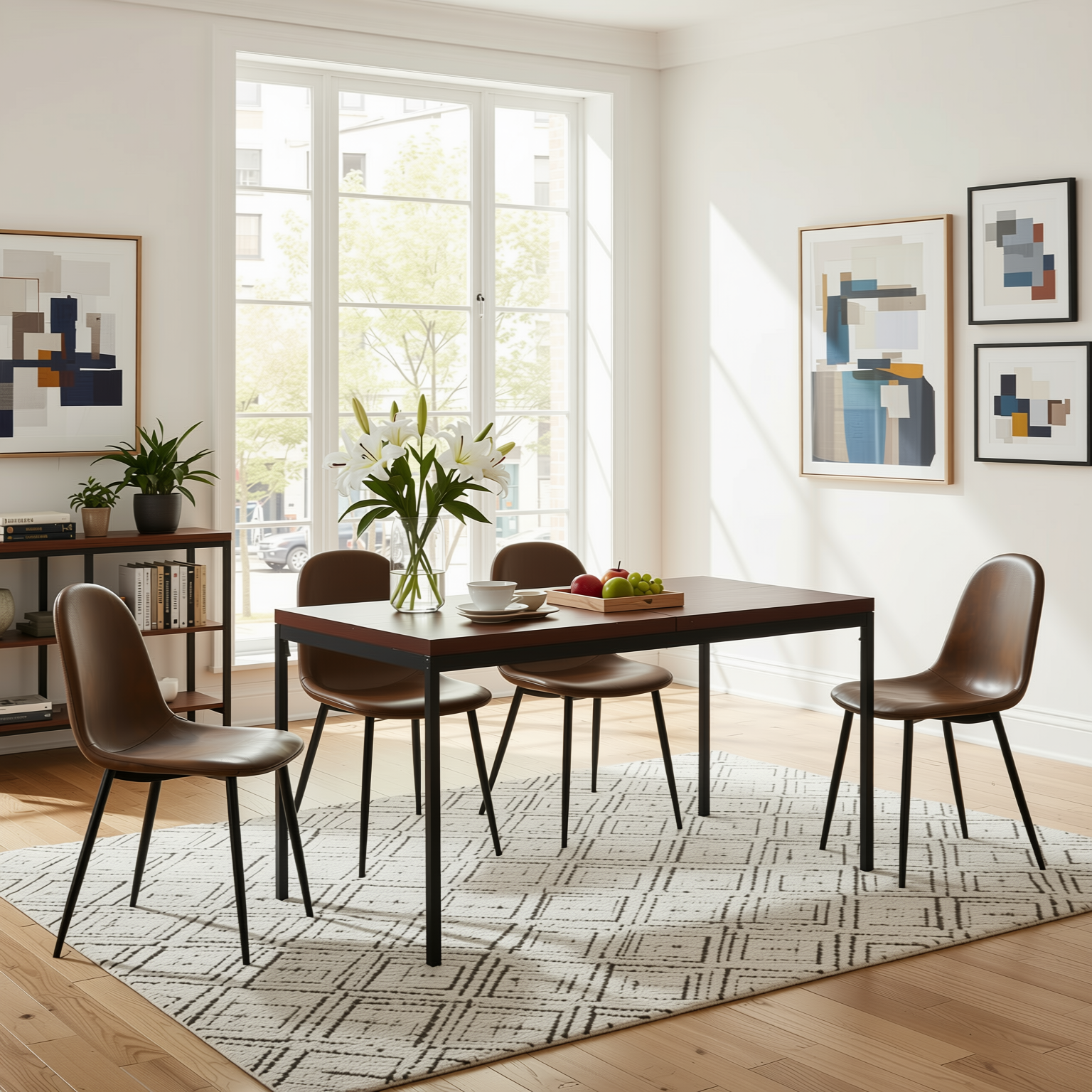 Homy Casa CAJON+CHARLTON 5PC Dining Set 59” Dark Wood Table with 4 Brown Suede Chairs – Modern Kitchen & Dining Furniture Set Open Box