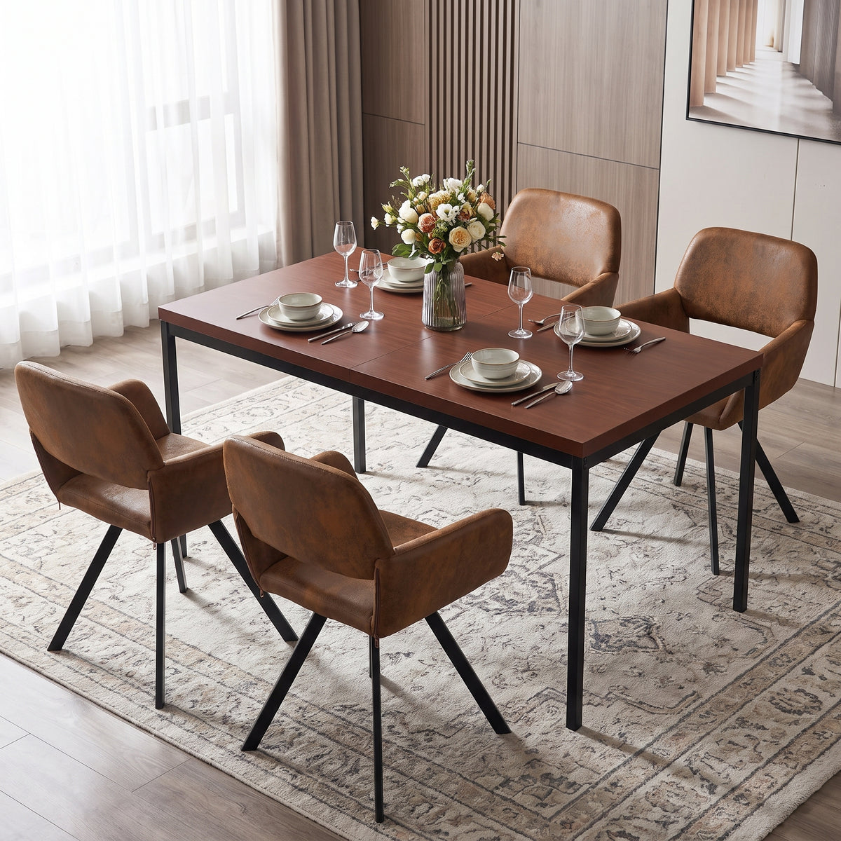 Homy Casa CAJON 150+CALIFORNIA 5-Piece Dining Set 59" Dark Wood Dining Table with 4 California Brown Suede Swivel Chairs Open Box