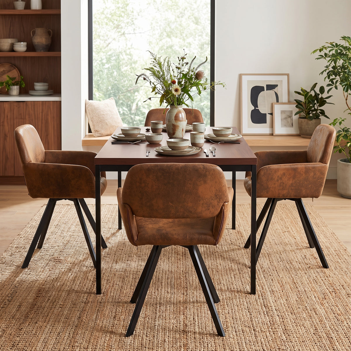 Homy Casa CAJON 150+CALIFORNIA 5-Piece Dining Set 59" Dark Wood Dining Table with 4 California Brown Suede Swivel Chairs Open Box