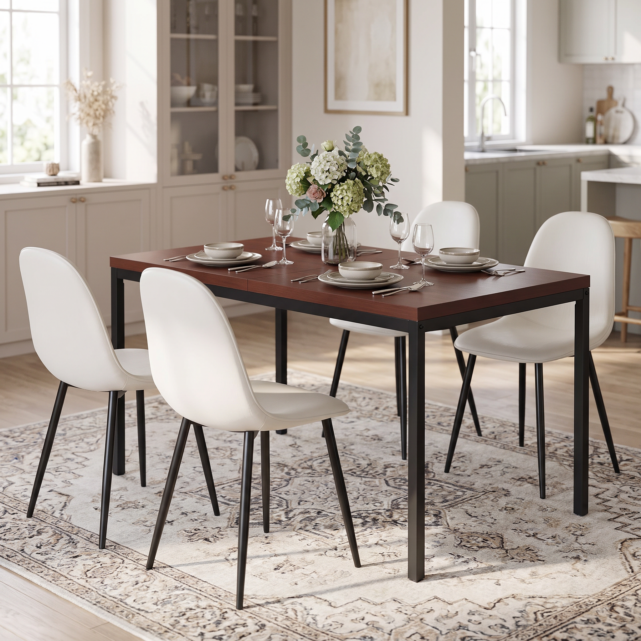 Homy Casa CAJON 150+CHARLTON 5PC Dining Set 59.1" Dining Table with 4 Charlton Lumos Fabric Chairs in Dark Brown and Beige Open Box