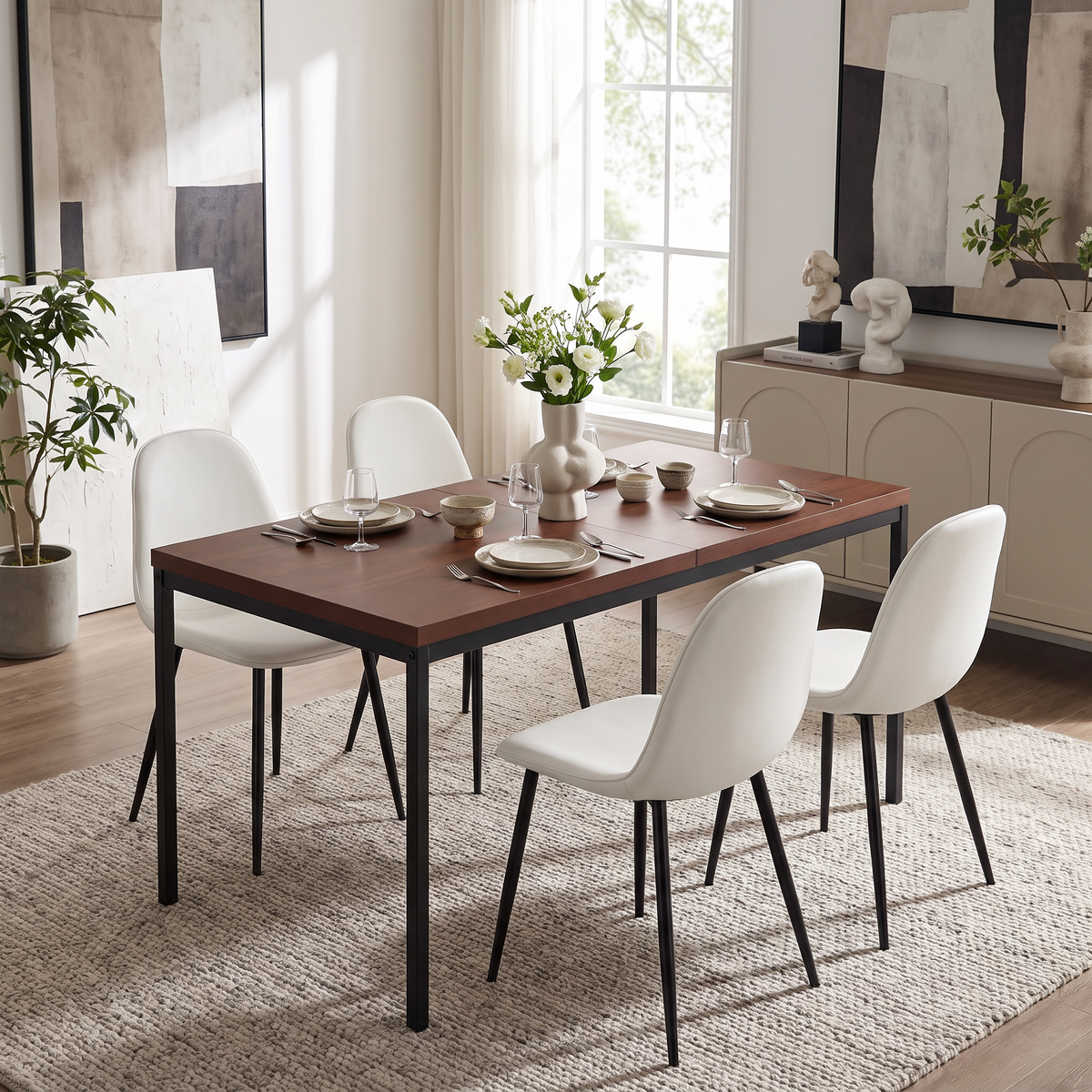 Homy Casa CAJON 150+CHARLTON 5PC Dining Set 59.1" Dining Table with 4 Charlton Lumos Fabric Chairs in Dark Brown and Beige Open Box