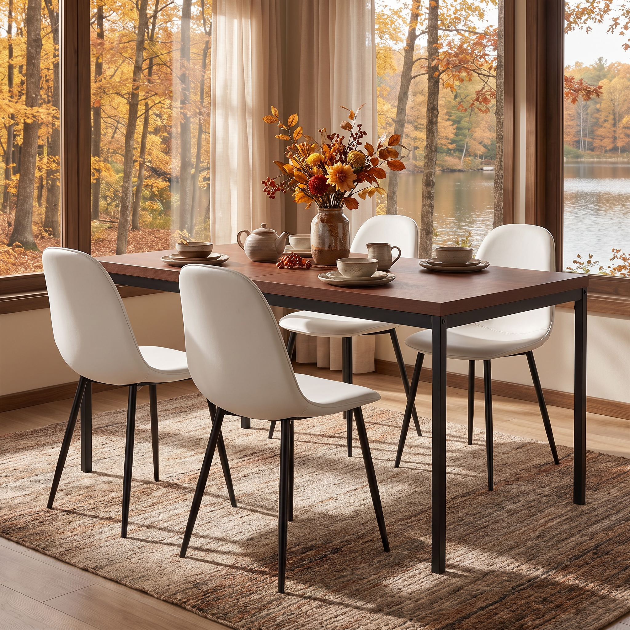 Homy Casa CAJON 150+CHARLTON 5PC Dining Set 59.1" Dining Table with 4 Charlton Lumos Fabric Chairs in Dark Brown and Beige Open Box