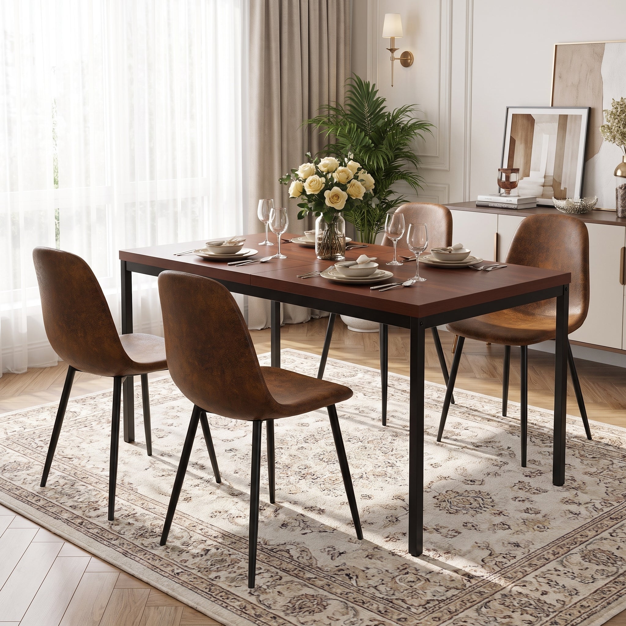 Homy Casa CAJON 150+CHARLTON 5-Piece Dining Set 59" Dark Brown Table and 4 Suede Dining Chairs Open Box