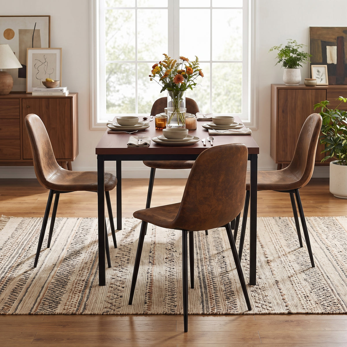 Homy Casa CAJON 150+CHARLTON 5-Piece Dining Set 59" Dark Brown Table and 4 Suede Dining Chairs Open Box