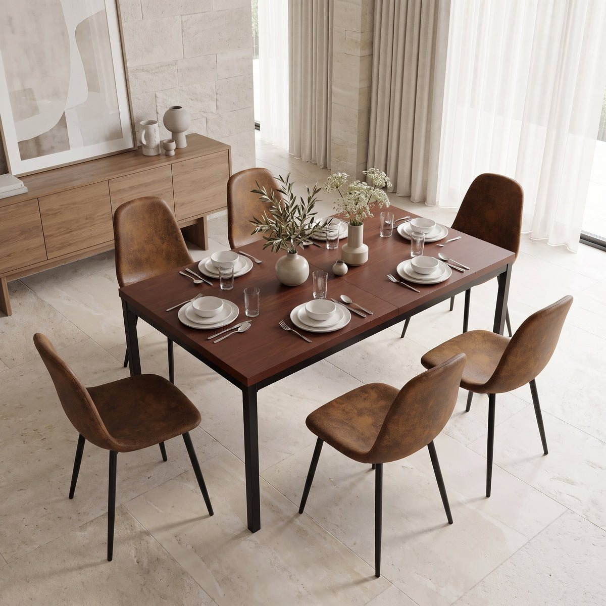 Homy Casa CAJON+CHARLTON 7PC Dining Set 59” Dark Wood Table with 6 Charlton Brown Suede Chairs Open Box