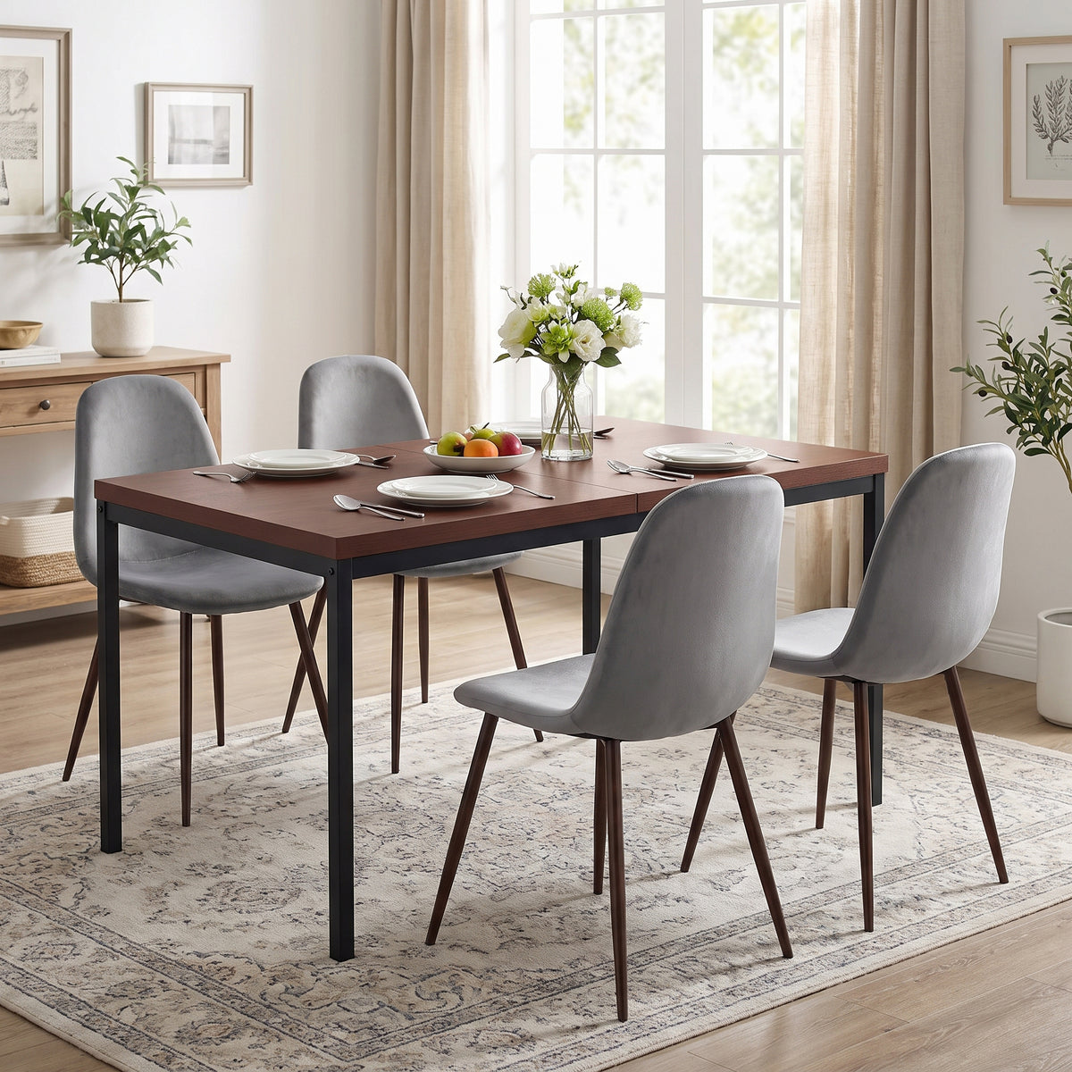 Homy Casa CAJON 150+CHARLTON 5PC Dining Set 59” Dark Brown Table with 4 Charlton Gray Upholstered Chairs Open Box