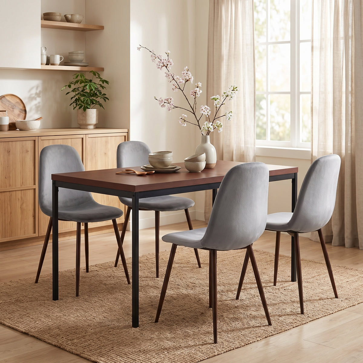 Homy Casa CAJON 150+CHARLTON 5PC Dining Set 59” Dark Brown Table with 4 Charlton Gray Upholstered Chairs Open Box