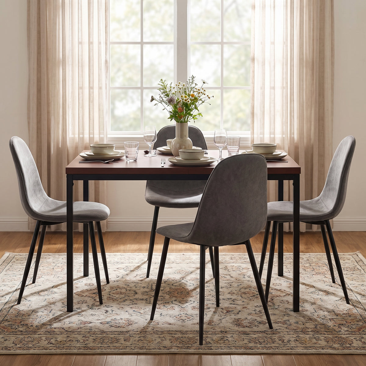 Homy Casa CAJON 150+CHARLTON 5PC Dining Set 59" Dark Brown Table with 4 Charlton Gray Fabric Chairs Open Box