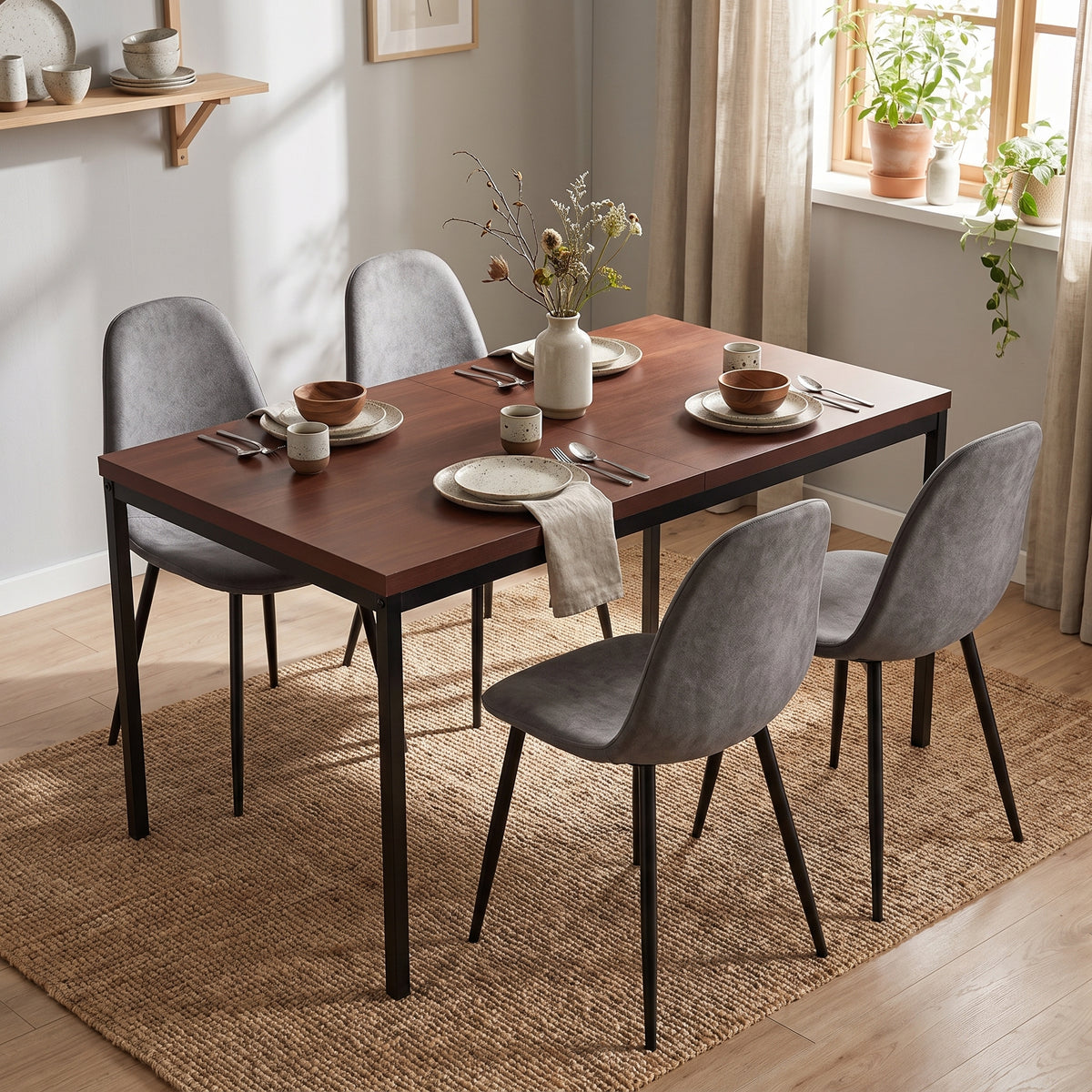 Homy Casa CAJON 150+CHARLTON 5PC Dining Set 59" Dark Brown Table with 4 Charlton Gray Fabric Chairs Open Box
