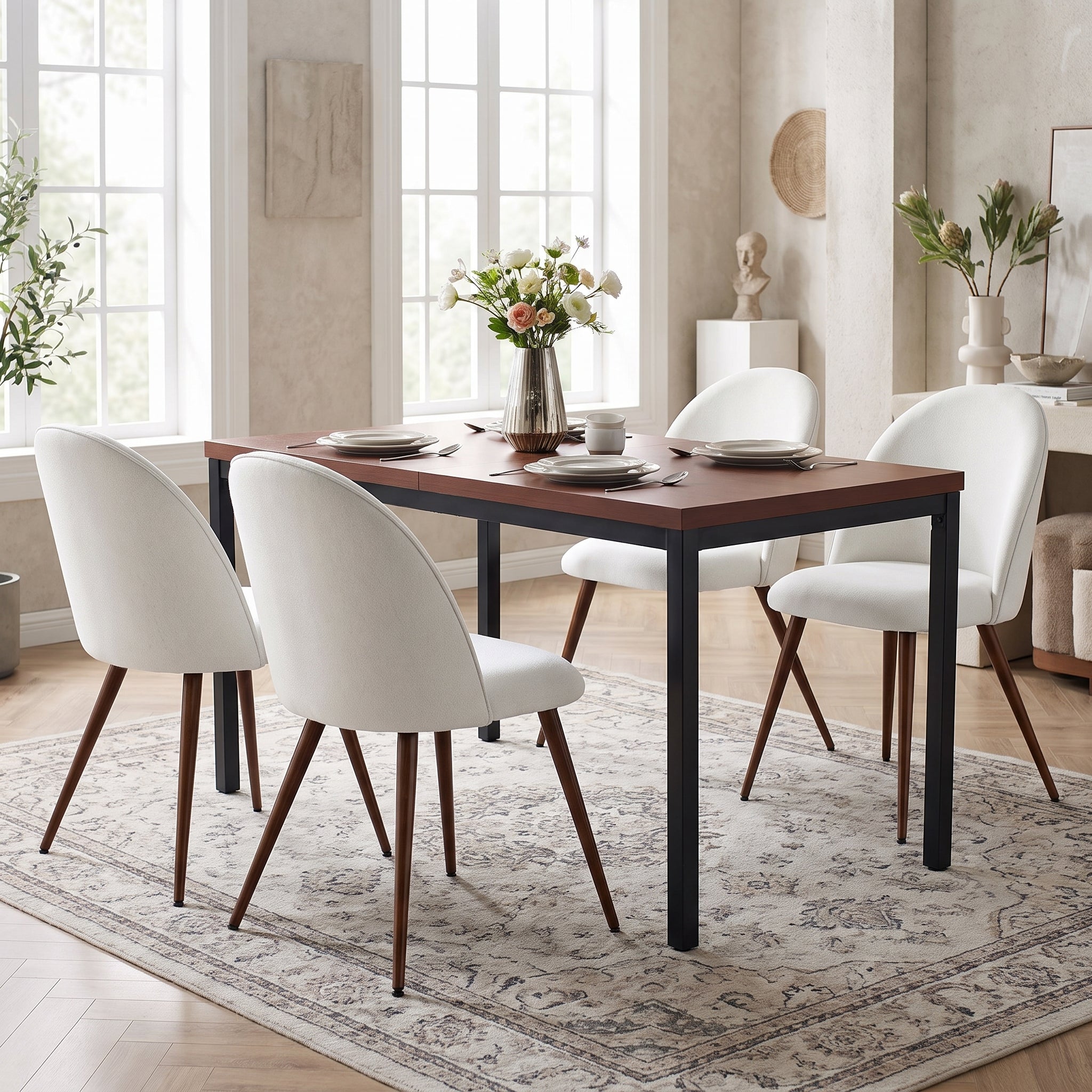 Homy Casa CAJON 150+HAVEN 5-Piece Dining Set 59" Dark Walnut Table and 4 Beige Fabric Dining Chairs Open Box