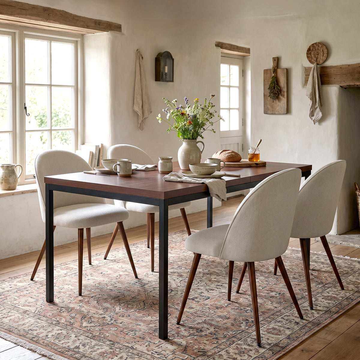 Homy Casa CAJON 150+HAVEN 5-Piece Dining Set 59" Dark Walnut Table and 4 Beige Fabric Dining Chairs Open Box