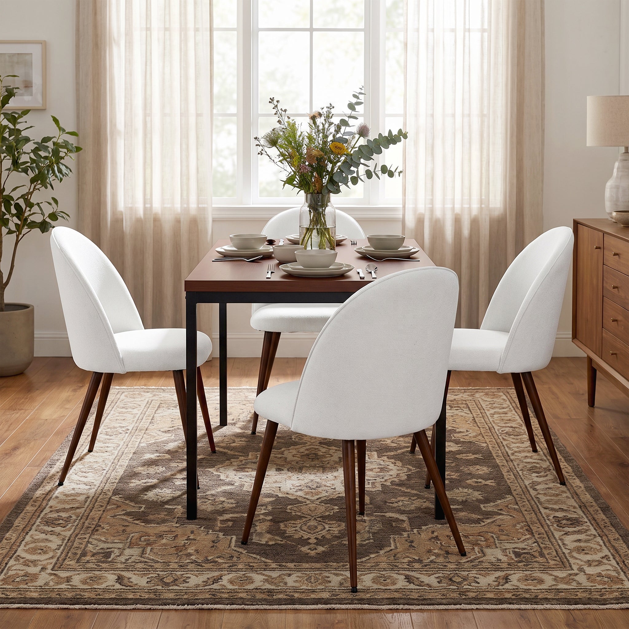 Homy Casa CAJON 150+HAVEN 5-Piece Dining Set 59" Dark Walnut Table and 4 Beige Fabric Dining Chairs Open Box