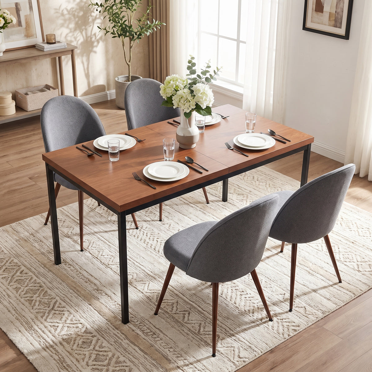 Homy Casa CAJON 150+HAVEN 5PC Dining Set 59" Dark Wood Table with 4 Haven Gray Fabric Chairs in Walnut and Black Open Box