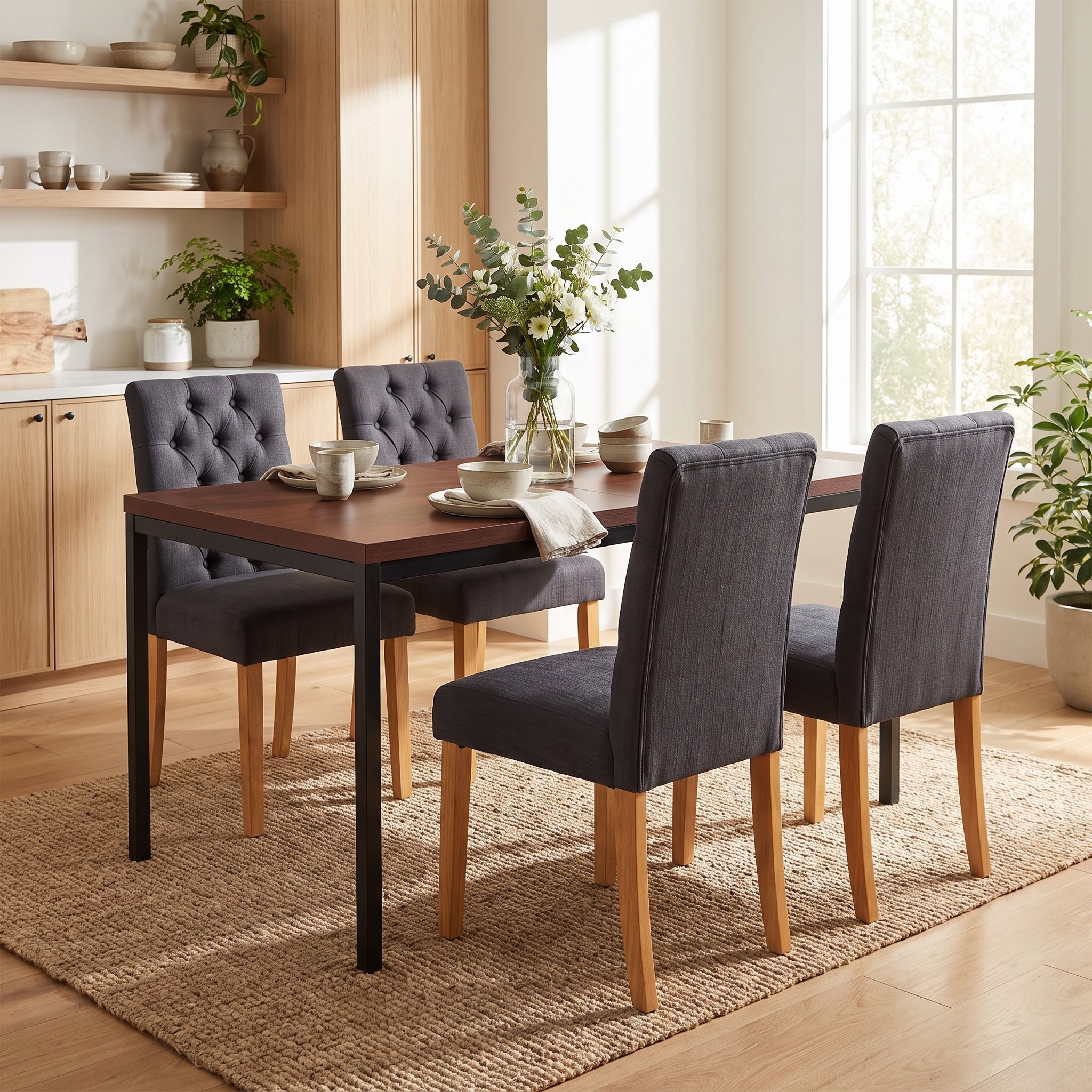 Homy Casa CAJON 150+LUCETTA 5PC Dining Set 59” Dark Brown Table with 4 LUCETTA Black Bonded Leather Chairs Open Box