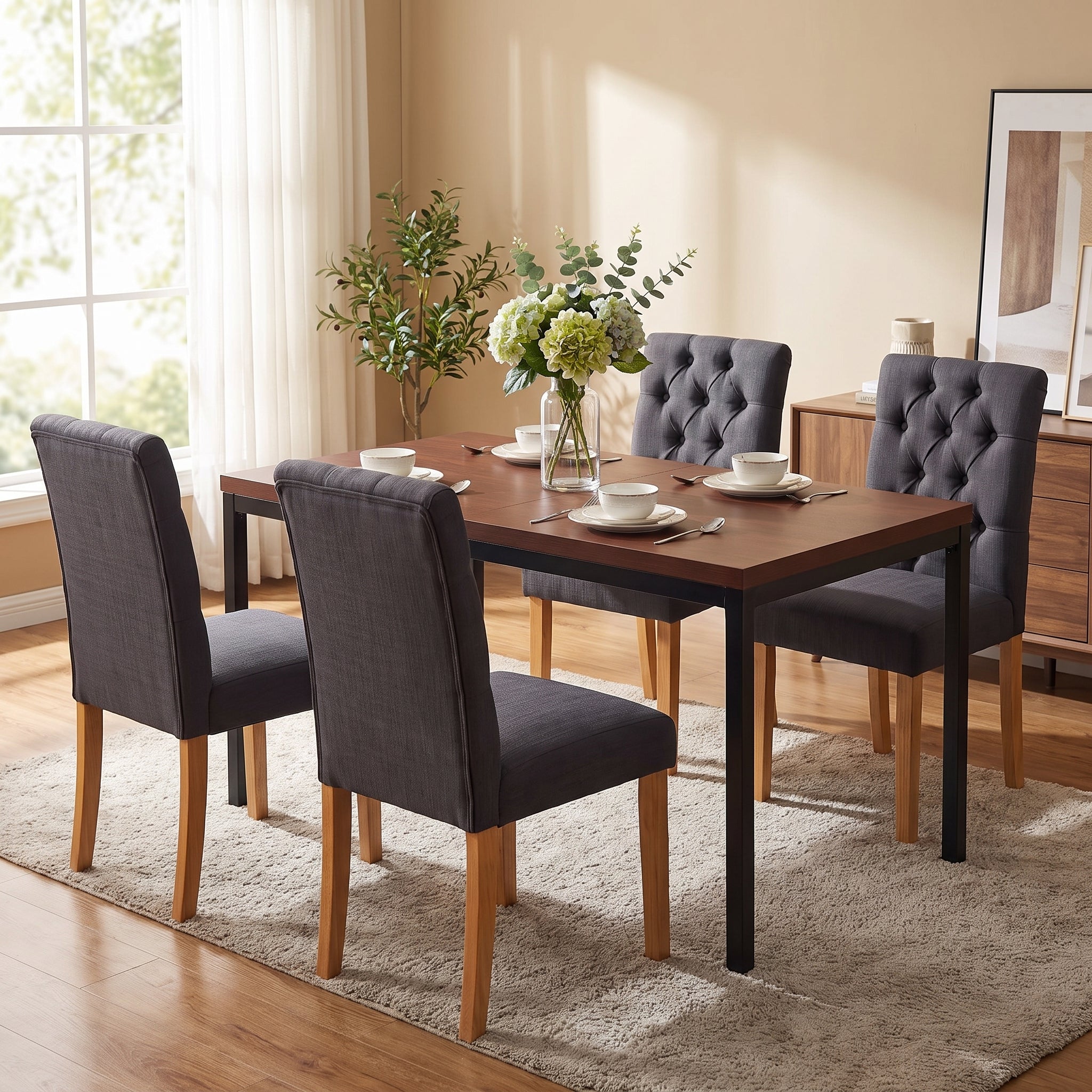 Homy Casa CAJON 150+LUCETTA 5PC Dining Set 59” Dark Brown Table with 4 LUCETTA Black Bonded Leather Chairs Open Box