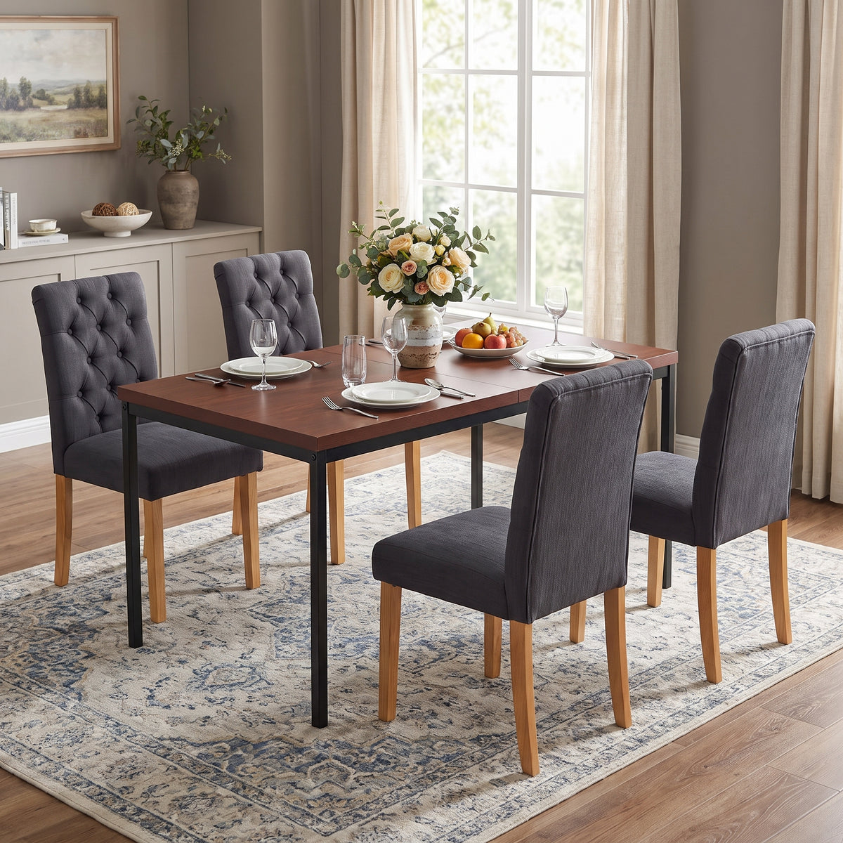 Homy Casa CAJON 150+LUCETTA 5PC Dining Set 59” Dark Brown Table with 4 LUCETTA Black Bonded Leather Chairs Open Box