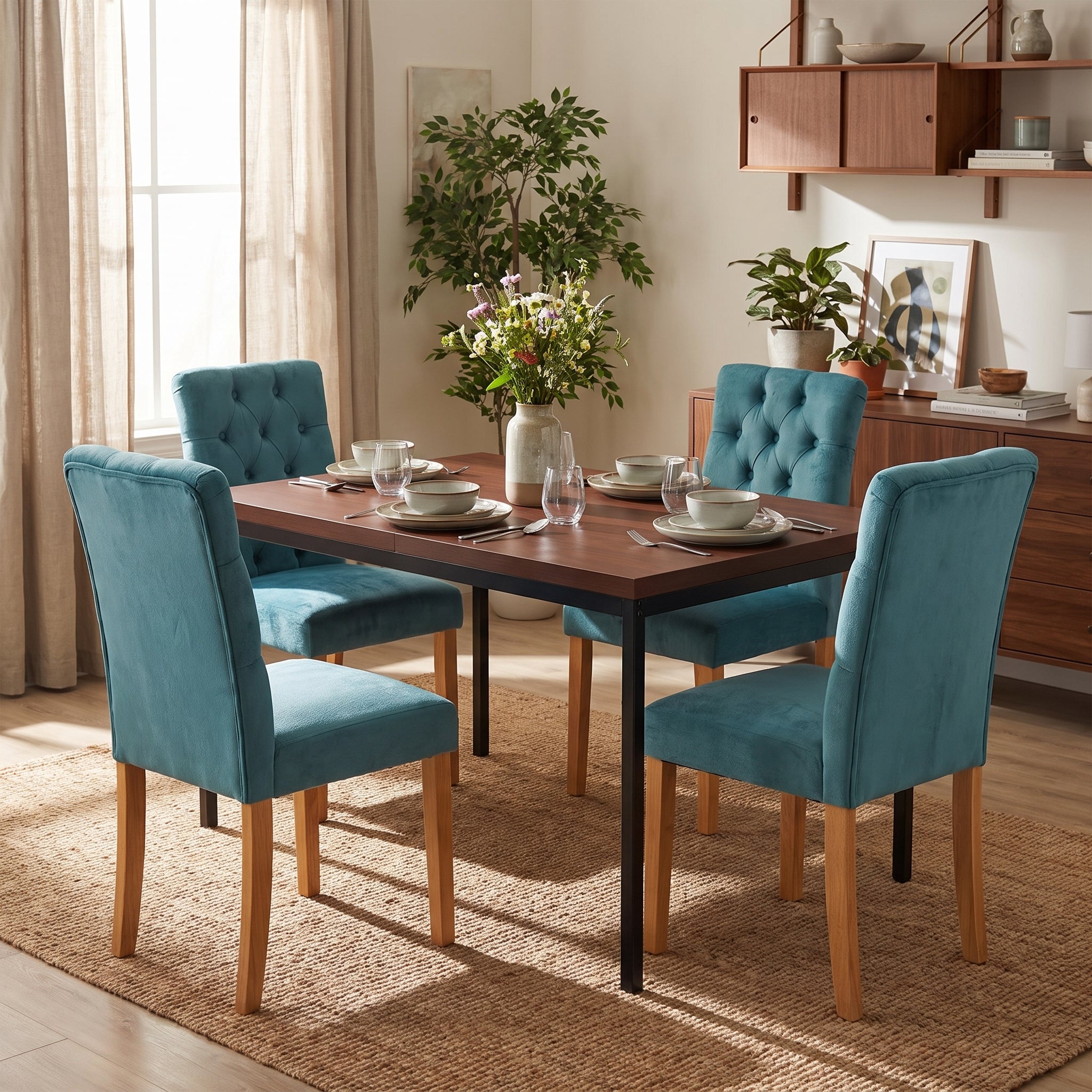 Homy Casa CAJON 5PC Dining Set 59" Dark Brown Table with 4 LUCETTA Green Upholstered Chairs Open Box