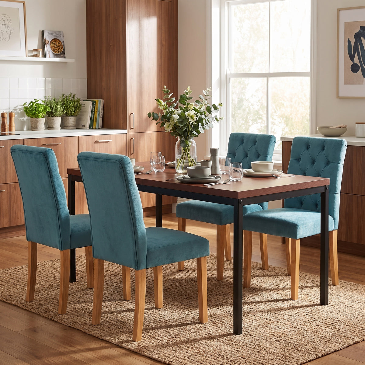 Homy Casa CAJON 5PC Dining Set 59" Dark Brown Table with 4 LUCETTA Green Upholstered Chairs Open Box