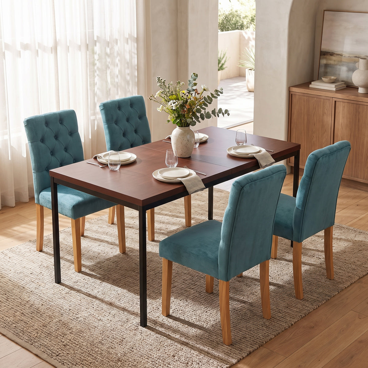 Homy Casa CAJON 5PC Dining Set 59" Dark Brown Table with 4 LUCETTA Green Upholstered Chairs Open Box