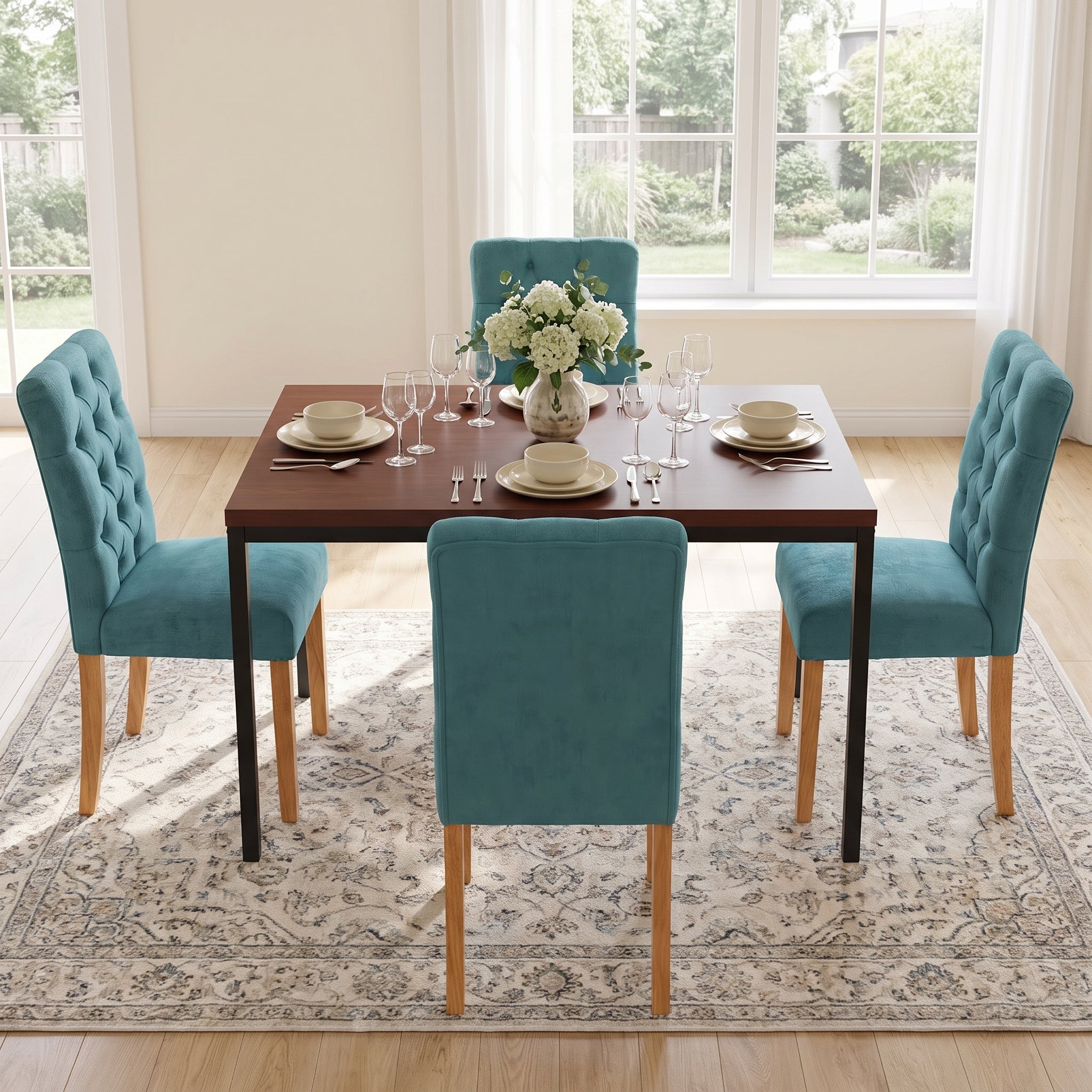 Homy Casa CAJON 5PC Dining Set 59" Dark Brown Table with 4 LUCETTA Green Upholstered Chairs Open Box