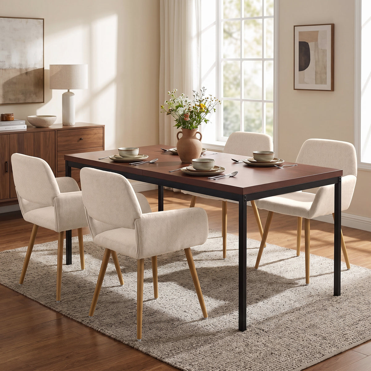 Homy Casa CAJON 150+MAYFAIR 5PC Dining Set 59" Dark Brown Table with 4 Mayfair Beige Upholstered Chairs Open Box