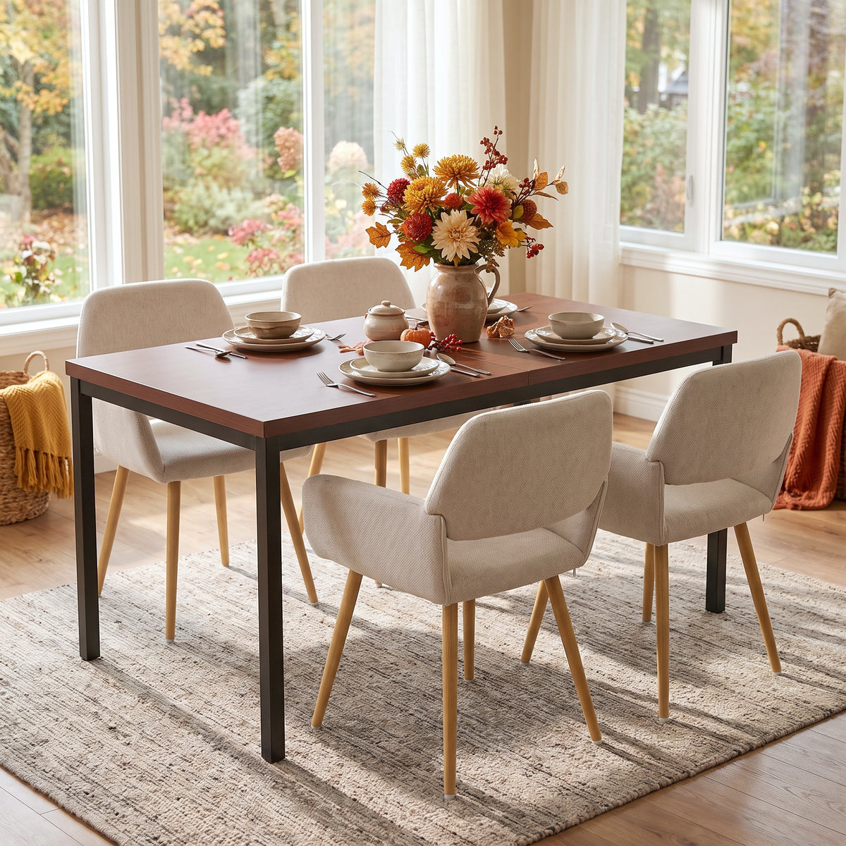 Homy Casa CAJON 150+MAYFAIR 5PC Dining Set 59" Dark Brown Table with 4 Mayfair Beige Upholstered Chairs Open Box