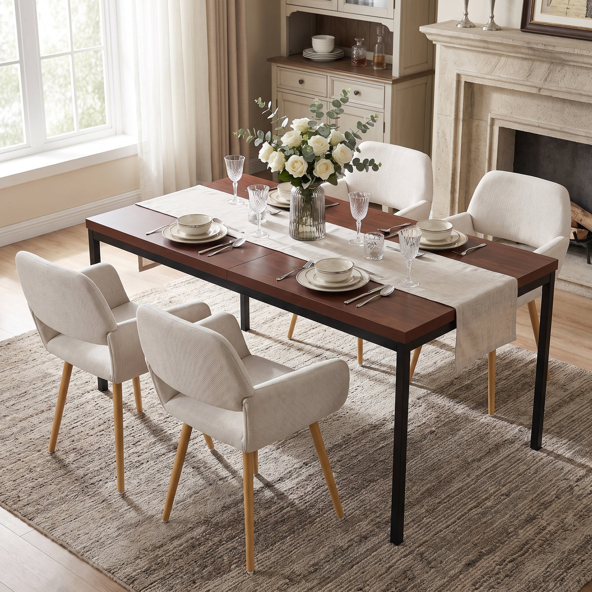 Homy Casa CAJON 150+MAYFAIR 5PC Dining Set 59" Dark Brown Table with 4 Mayfair Beige Upholstered Chairs Open Box