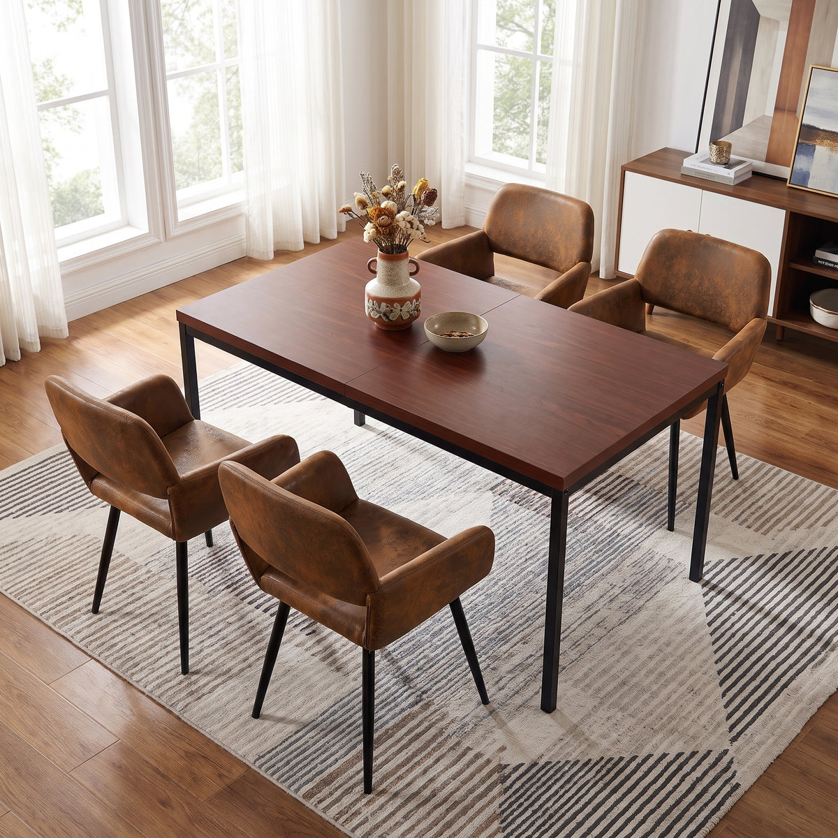 Homy Casa CAJON 150+MAYFAIR 5PC Dining Set 59" Dark Brown Table with 4 MAYFAIR Suede Brown Chairs Open Box