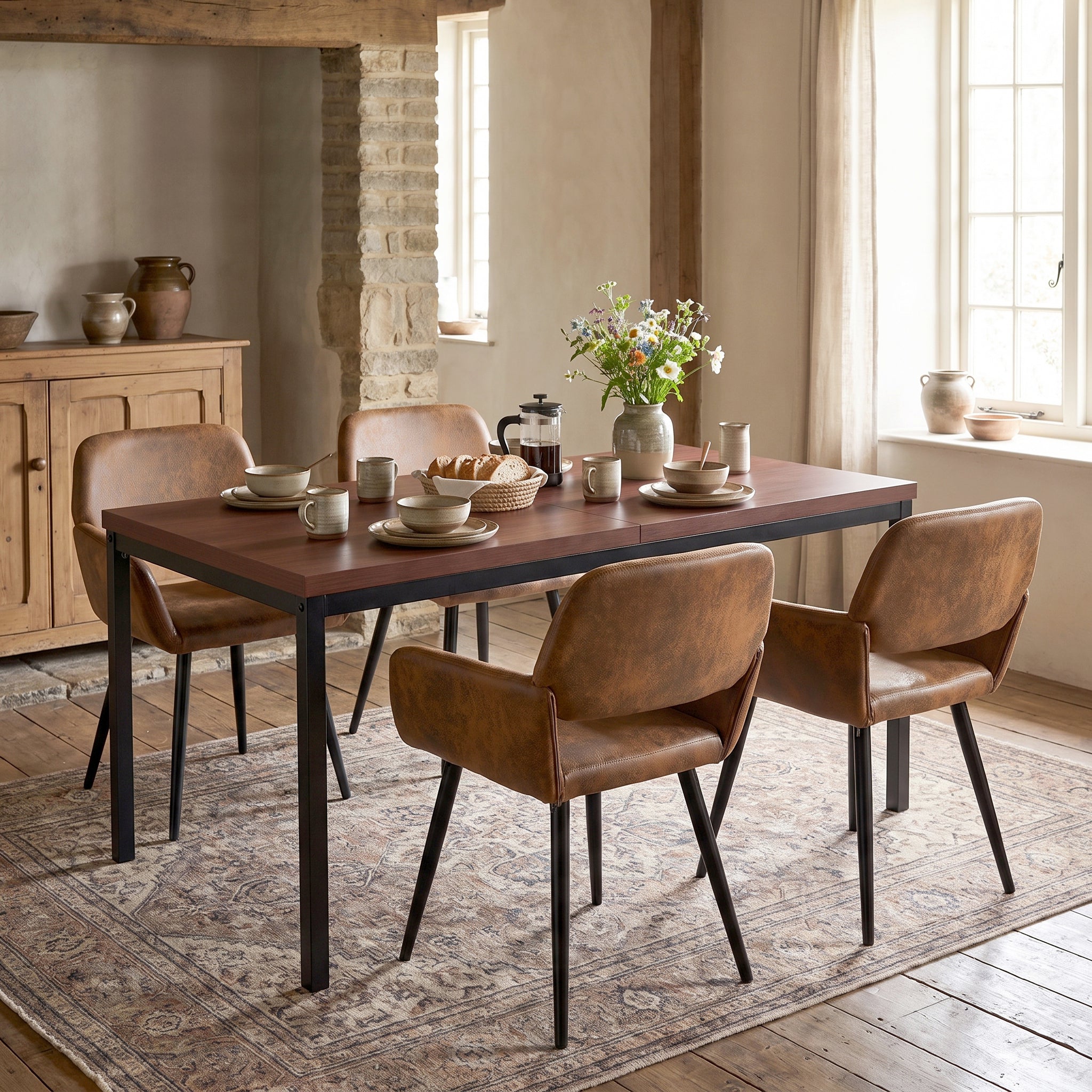 Homy Casa CAJON 150+MAYFAIR 5PC Dining Set 59" Dark Brown Table with 4 MAYFAIR Suede Brown Chairs Open Box