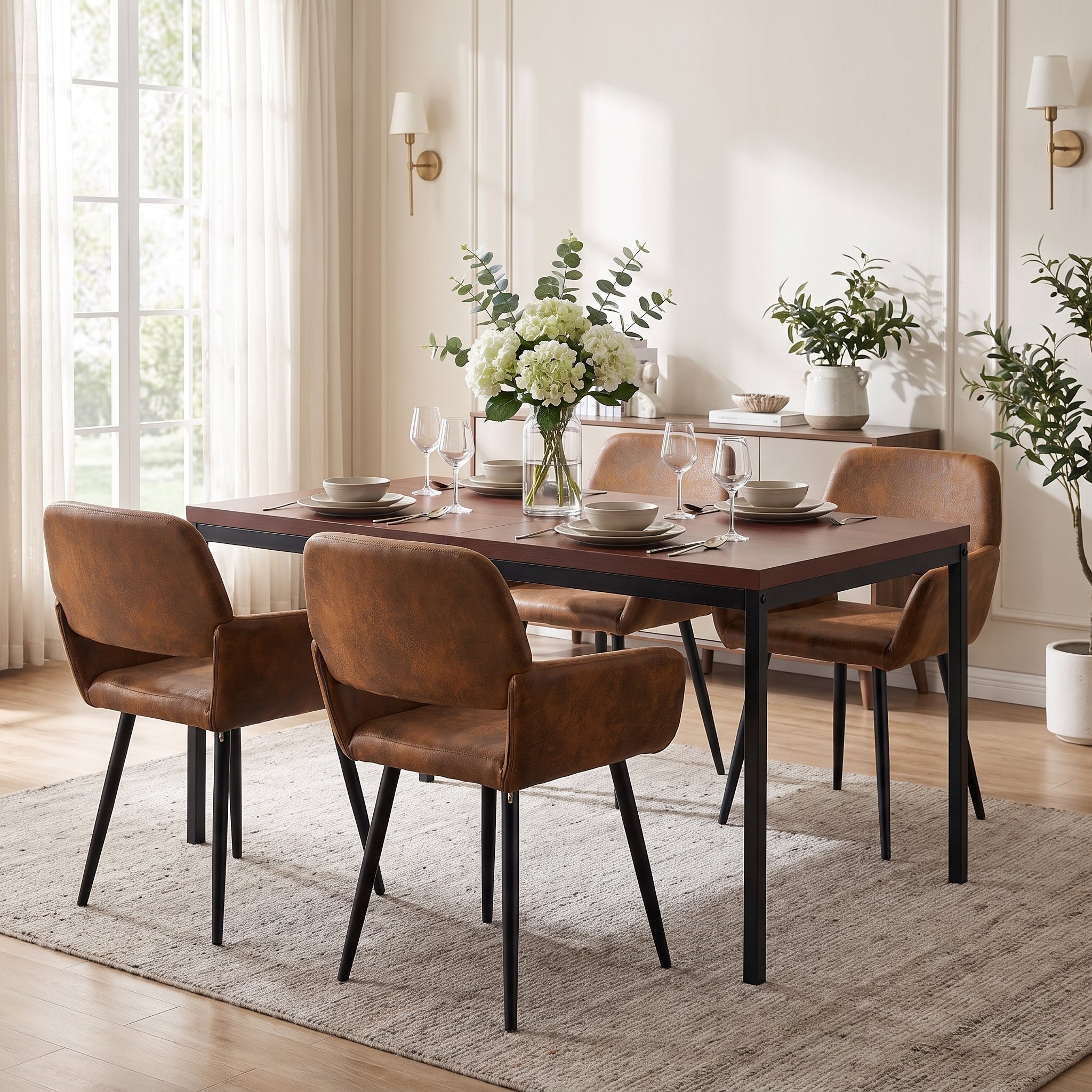 Homy Casa CAJON 150+MAYFAIR 5PC Dining Set 59" Dark Brown Table with 4 MAYFAIR Suede Brown Chairs Open Box