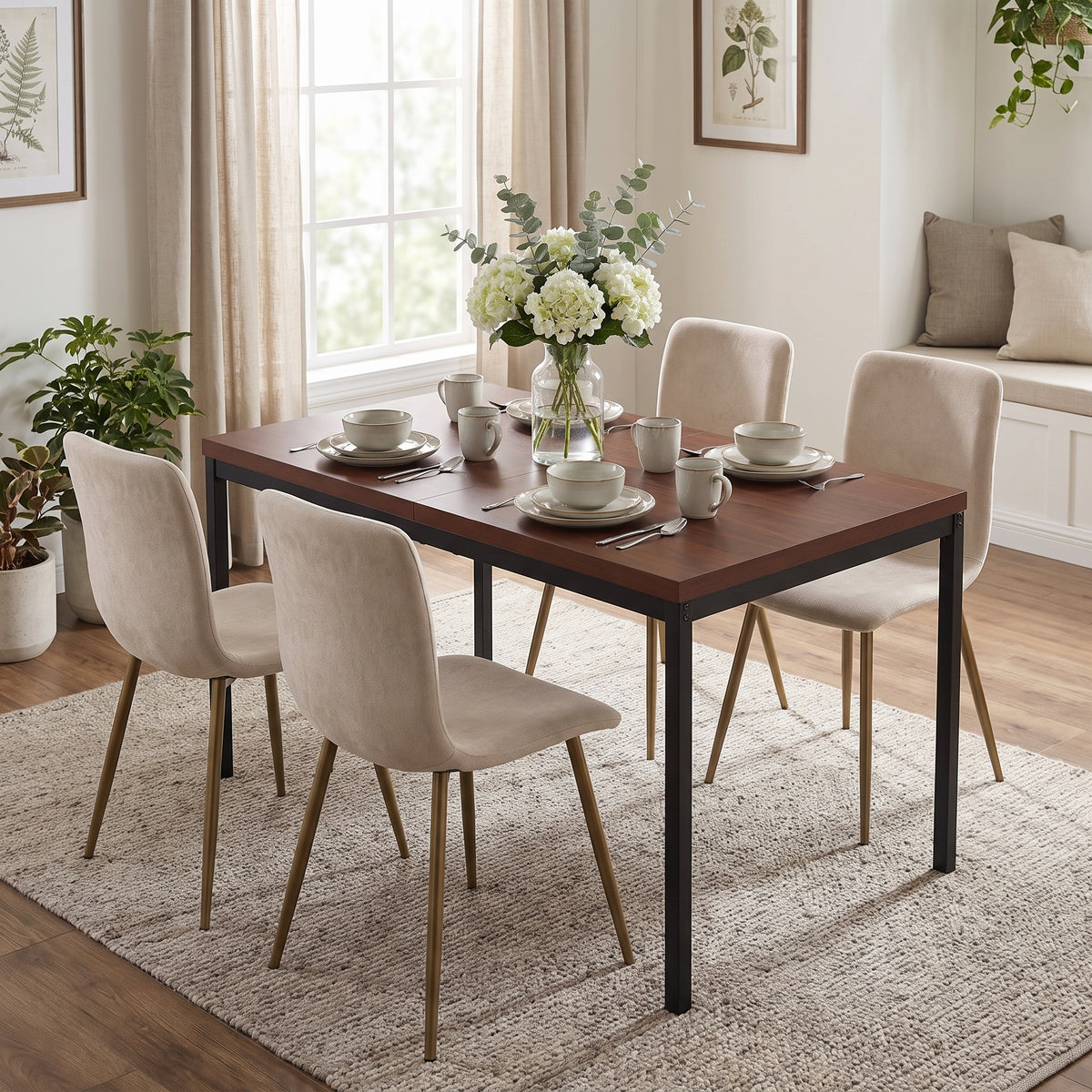 Homy Casa CAJON 150+SCARGILL 5-Piece Dining Set 59" Dark Wooden Dining Table Set with 4 Beige Upholstered Chairs Open Box