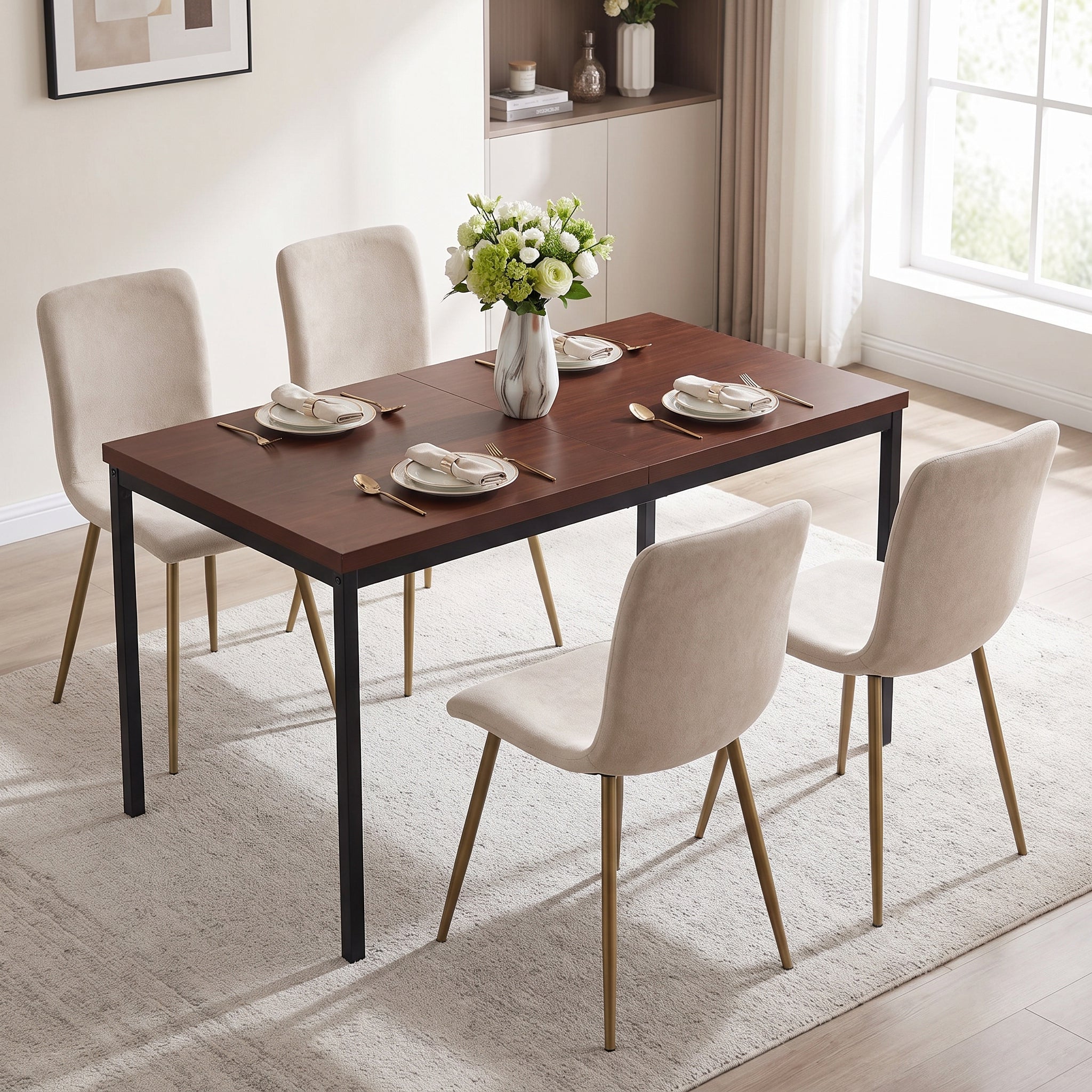 Homy Casa CAJON 150+SCARGILL 5-Piece Dining Set 59" Dark Wooden Dining Table Set with 4 Beige Upholstered Chairs Open Box