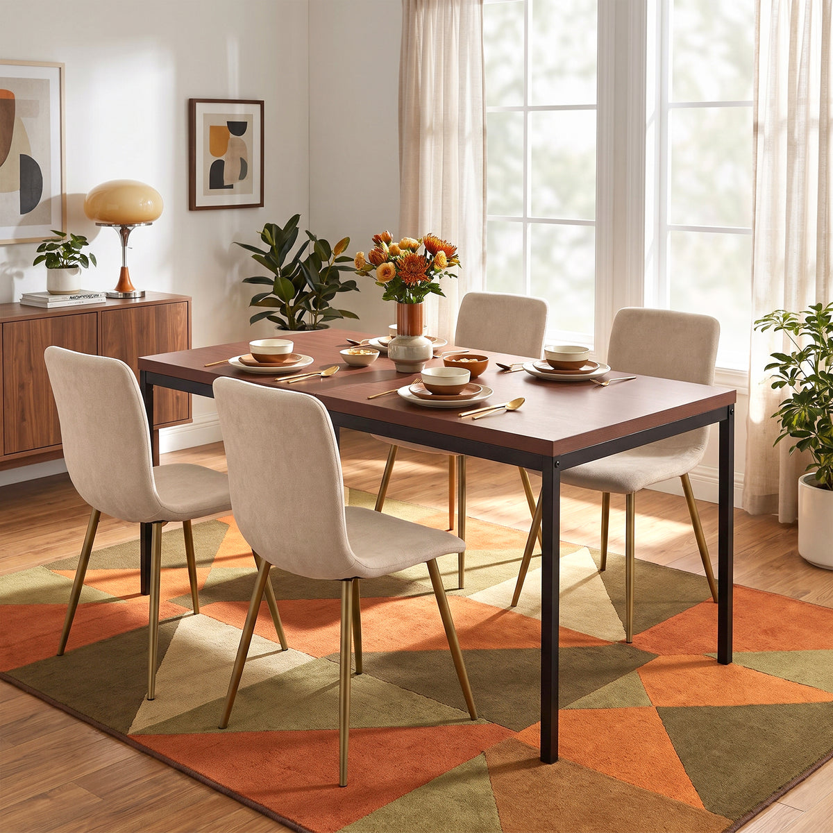 Homy Casa CAJON 150+SCARGILL 5-Piece Dining Set 59" Dark Wooden Dining Table Set with 4 Beige Upholstered Chairs Open Box