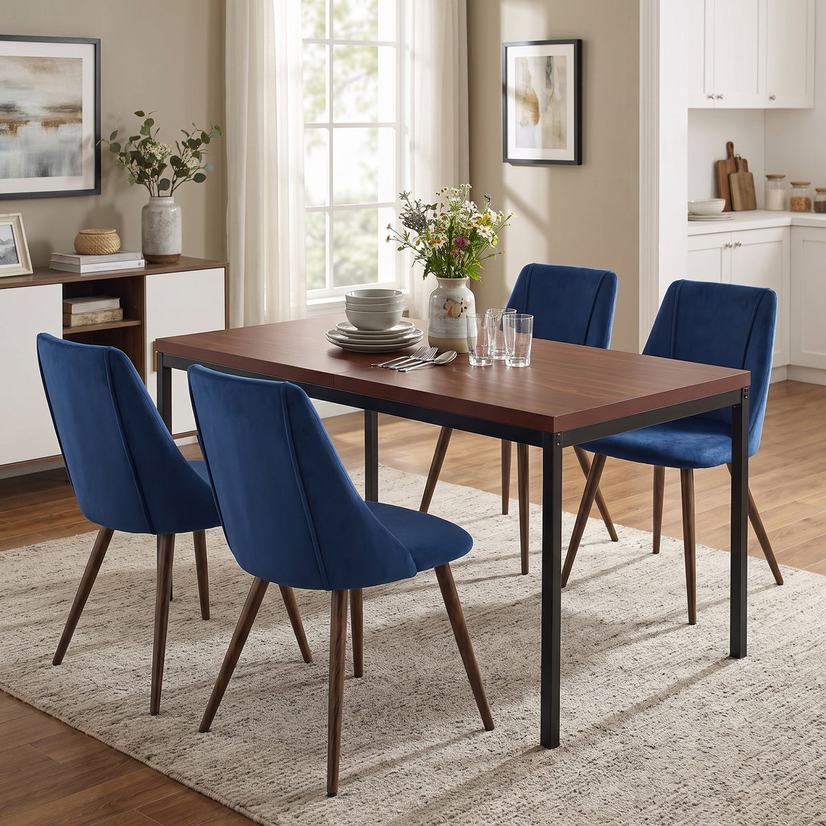 Homy Casa CAJON 150+SMEG 5-Piece Dining Set 59" Dining Table with 4 SMEG Dark Blue Upholstered Chairs Open Box