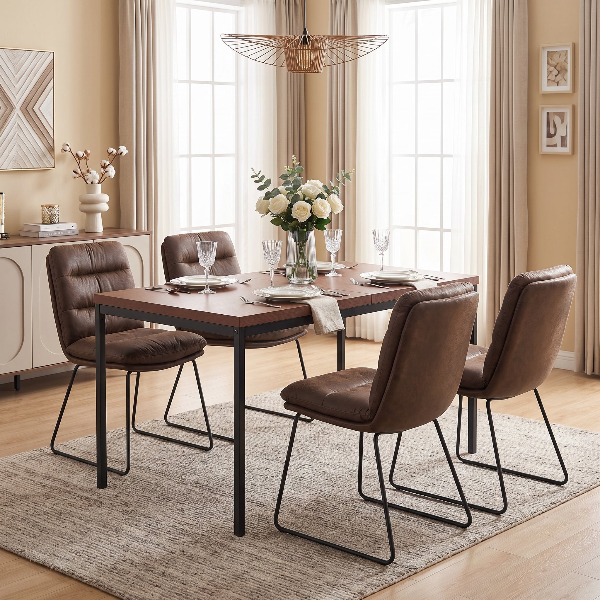 Homy Casa CAJON 150+STEFFEN 5PC Dining Set 59" Dark Brown Table with 4 Brown Fabric Dining Chairs Open Box