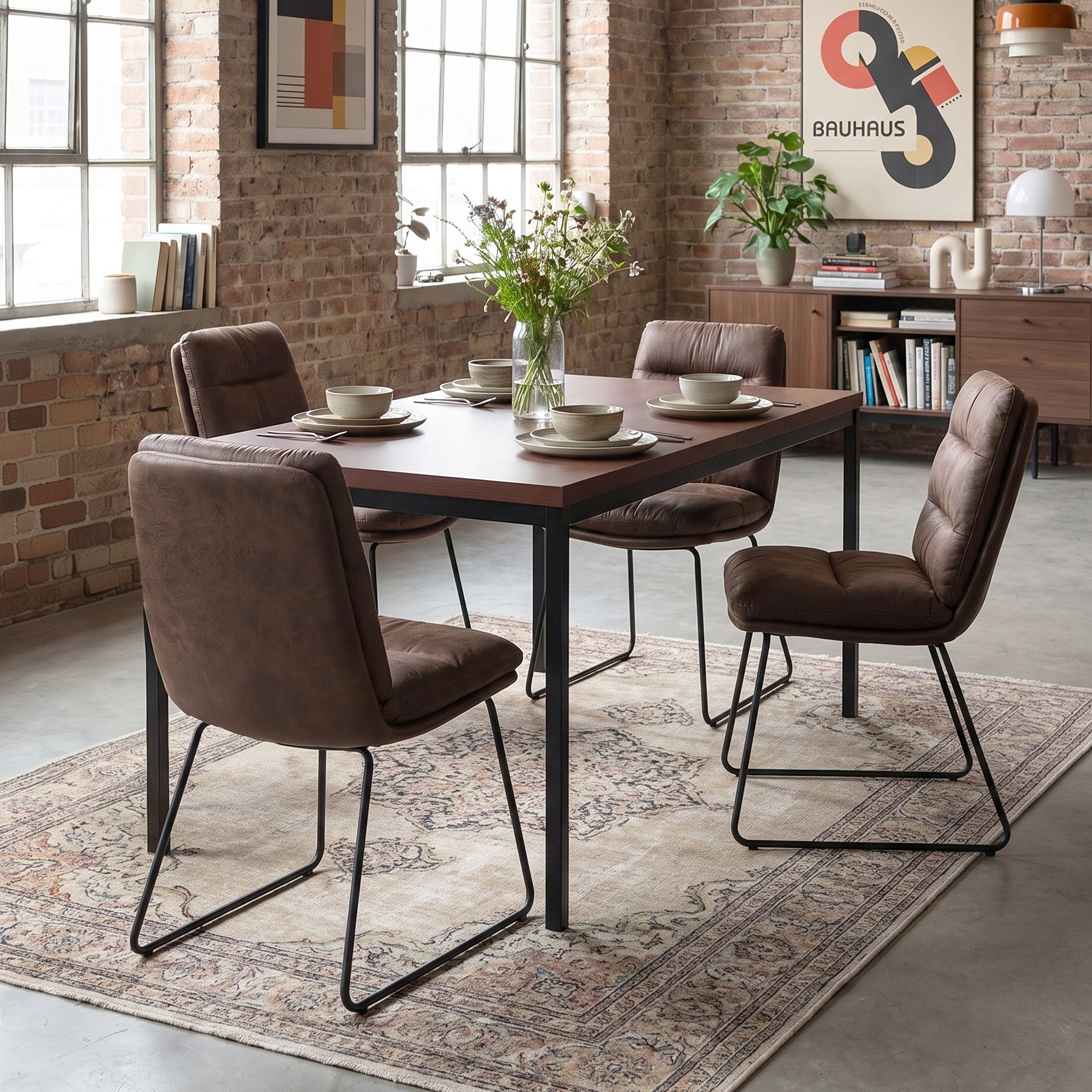 Homy Casa CAJON 150+STEFFEN 5PC Dining Set 59" Dark Brown Table with 4 Brown Fabric Dining Chairs Open Box