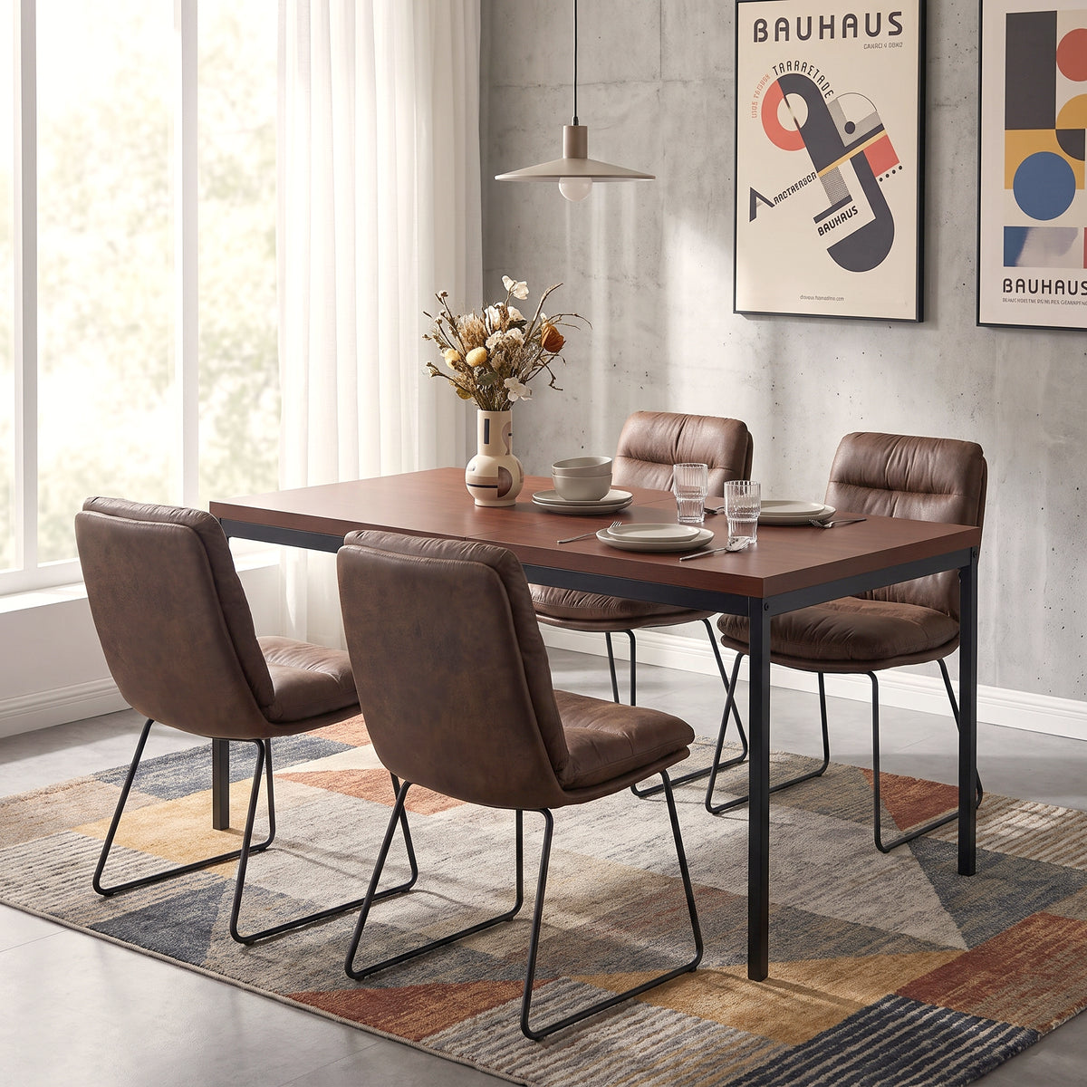 Homy Casa CAJON 150+STEFFEN 5PC Dining Set 59" Dark Brown Table with 4 Brown Fabric Dining Chairs Open Box