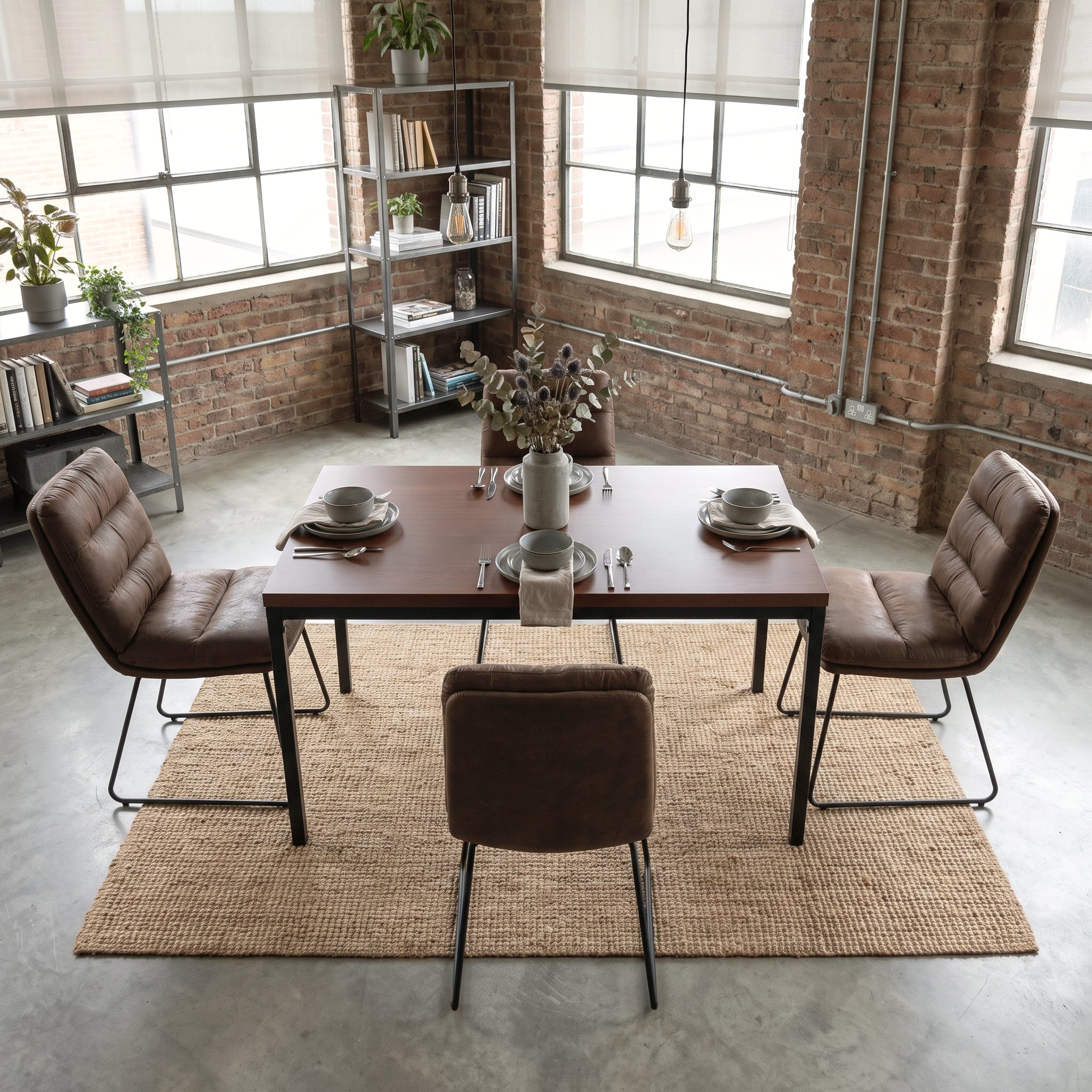 Homy Casa CAJON 150+STEFFEN 5PC Dining Set 59" Dark Brown Table with 4 Brown Fabric Dining Chairs Open Box