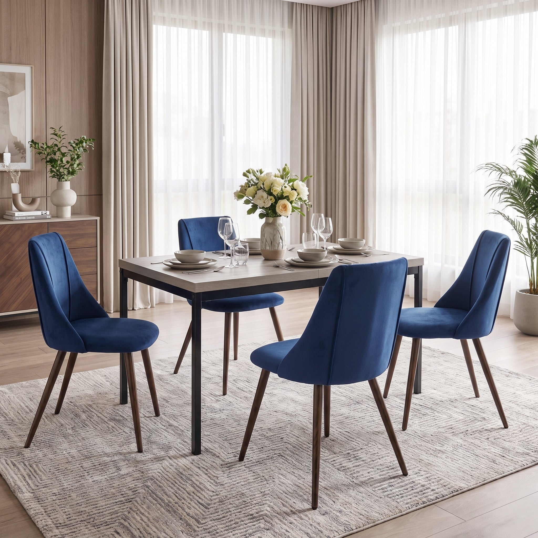 Homy Casa CAJON 150+SMEG 5-Piece Dining Set 59" Dining Table with 4 SMEG Dark Blue Upholstered Chairs Open Box